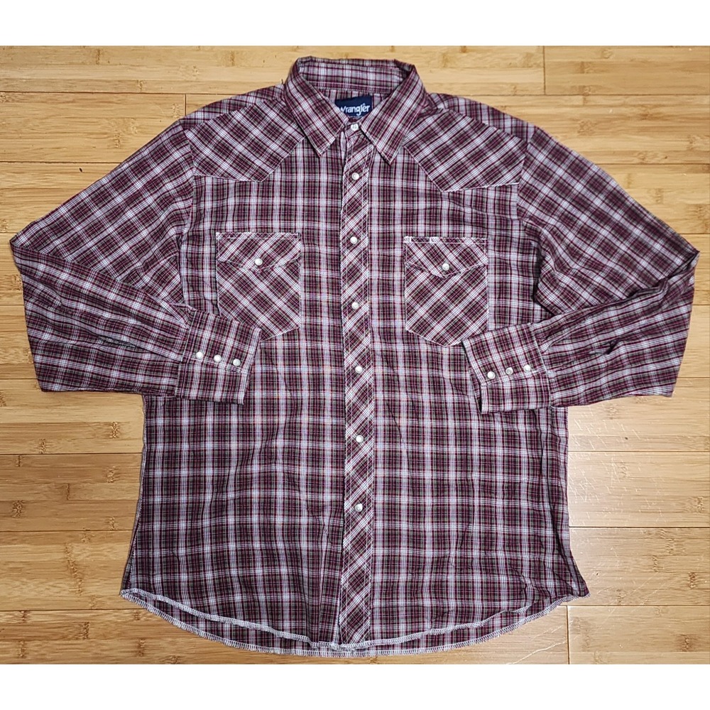 Wrangler Western Snap Shirt Men Large Navy Red Plaid Flannel Long Sleeve Cowboys